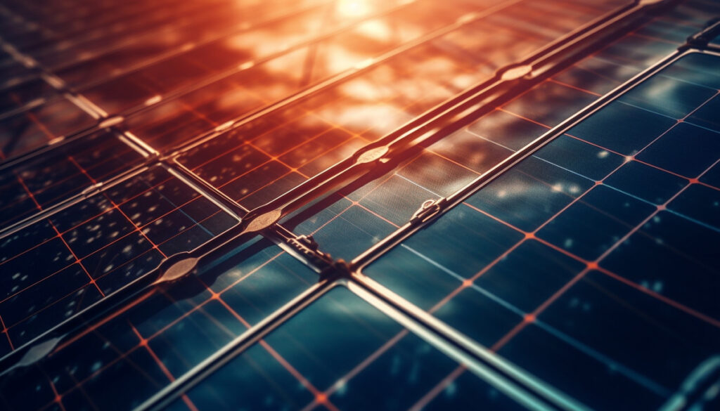 Futuristic-solar-power-station-generates-electricity-at-sunset-generated-by-artificial-intelligence-Solar-Panel-in-Building