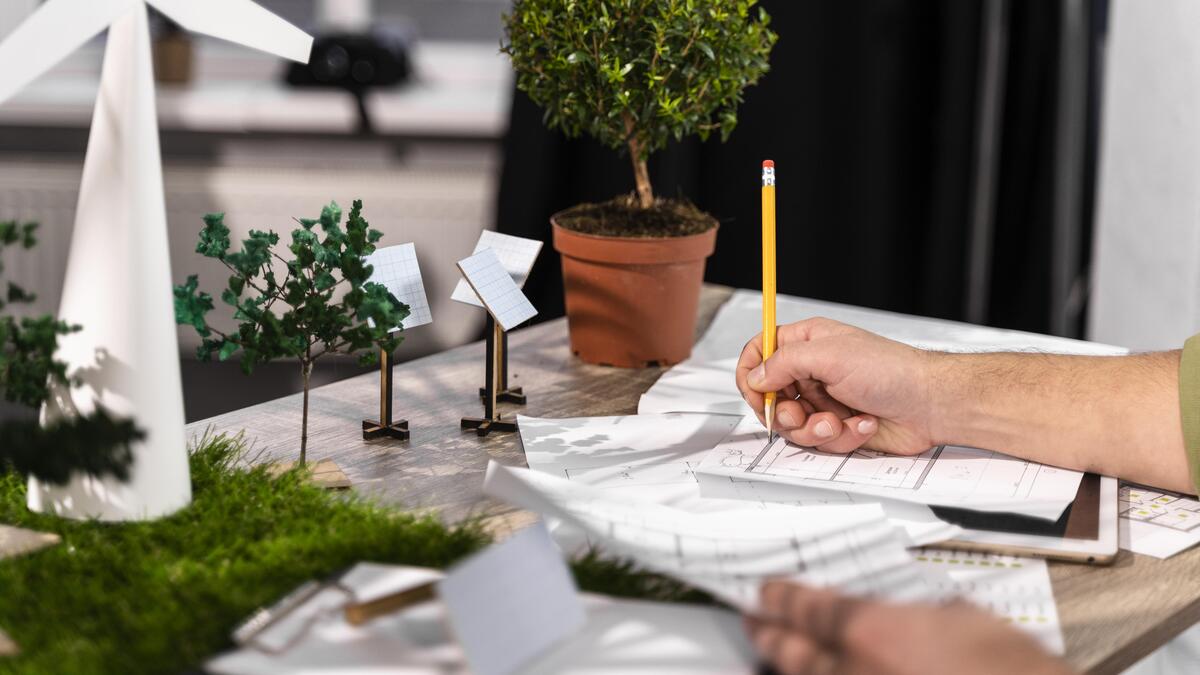 Side-View-of-Man-Working-on-an-Eco-Friendly-Wind-Power-Project-With-Paper-Plans-Construction-Materials