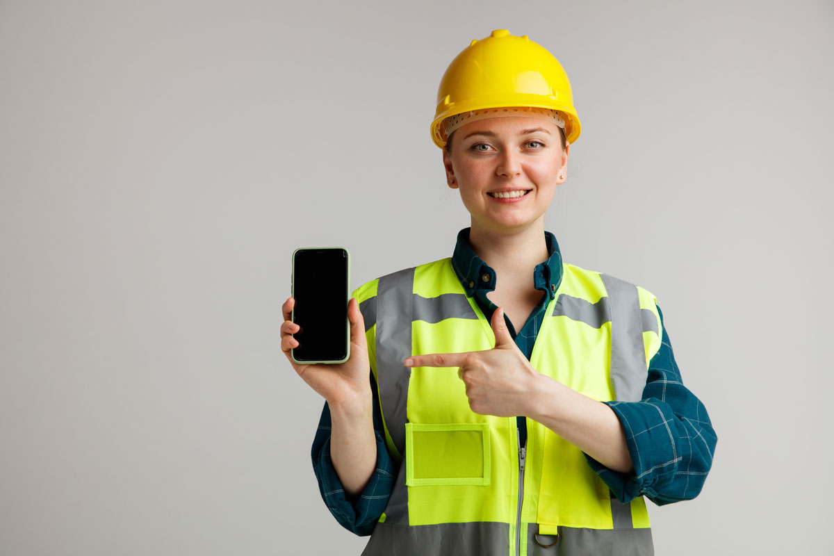 smiling-young-female-construction-worker-wearing-safety-helmet-safety-vest-holding-pointing-mobile-phone-Mobile-Construction-Technology